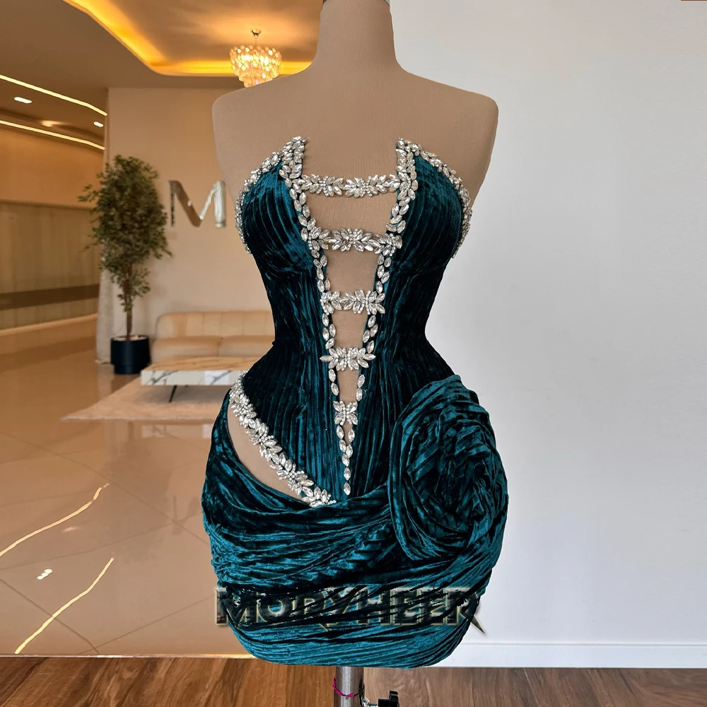 MORYHEER Attractive Velvet Cocktail Dress Mini for Teen Sleeveless Rhinestones Pleat Cut-out Bespoke Homecoming Dress Customized
