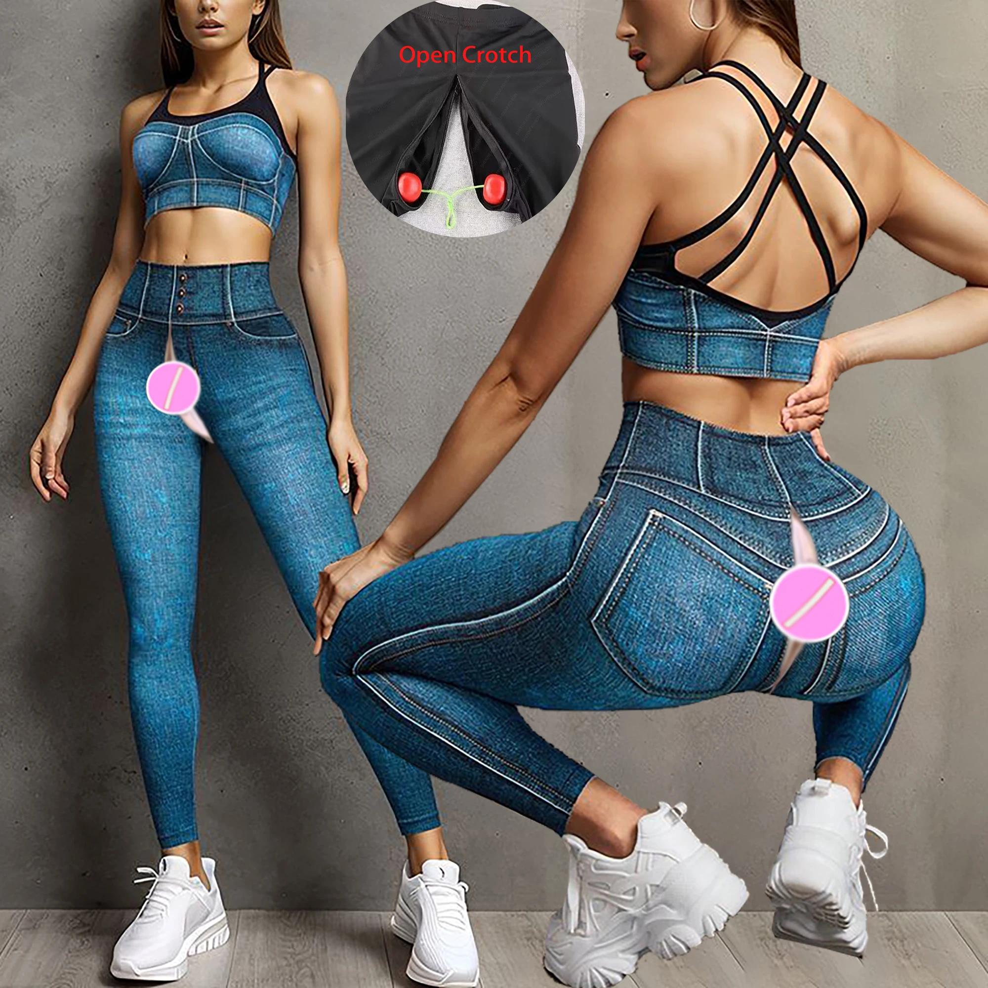 

Outdoor Crotch Sex Pants Fitness Sweatpants Tight Fake Jeans Women Leggings Seamless Yoga Suit Exotic Hot Pants Peach Hip Push