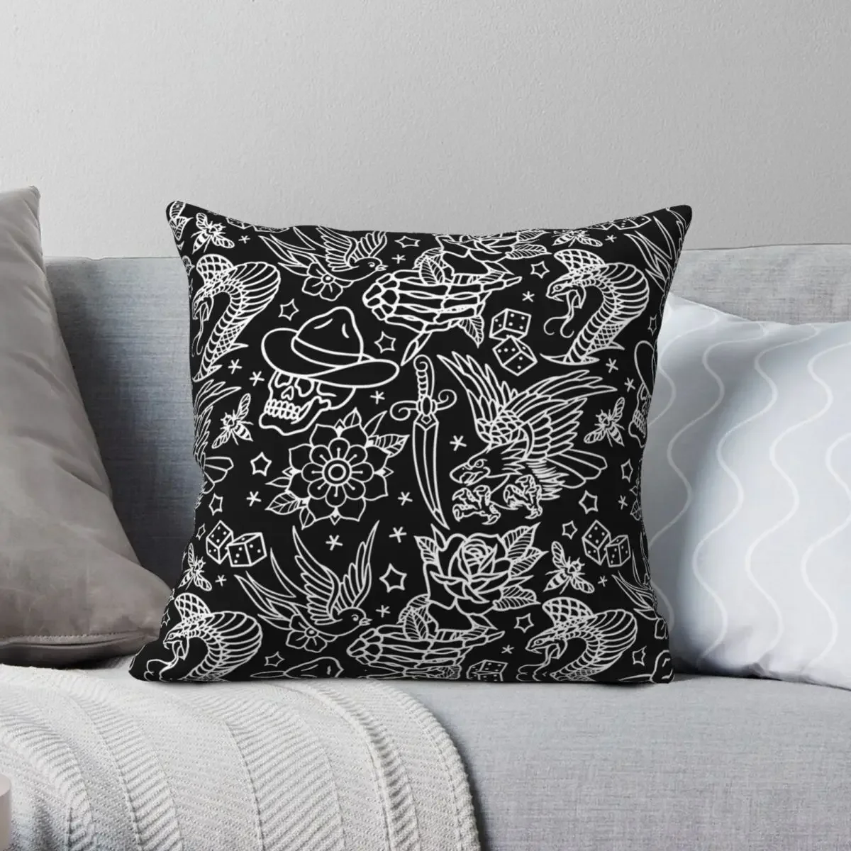 American Traditional Tattoo Flash Square Pillowcase Polyester Linen Velvet Zip Decor Throw Pillow Case Room Cushion Cover 45x45