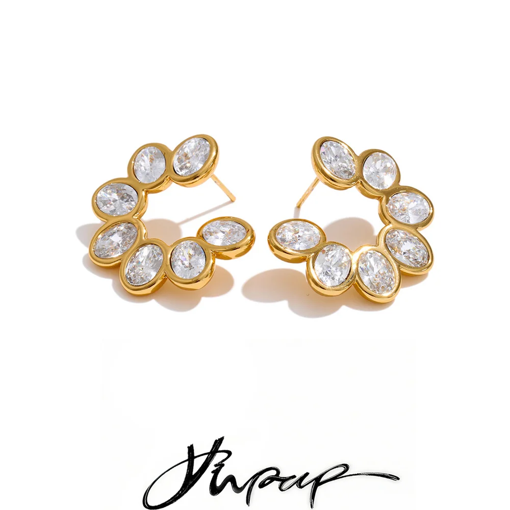 Yhpup Stainless Steel Bling Cubic Zirconia C Shape Stud Earrings Jewelry for Women Waterproof Plated
