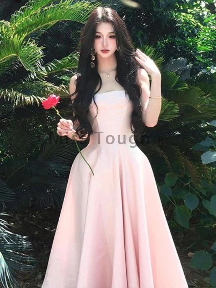 France Elegant Slim Square Neck Sling Dress Women Fashion Sweet Solid Off Shoulder Long Dresses Female Thin Fairy Clothing New