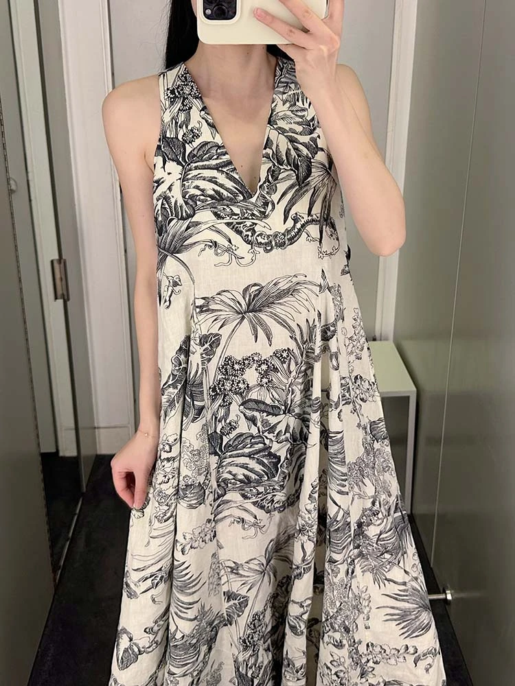 

Linen Floral Printed V-neck Women Loose Midi Long Dress 2024 Summer Vacation Resort Casuanl Dress Women's Clothing