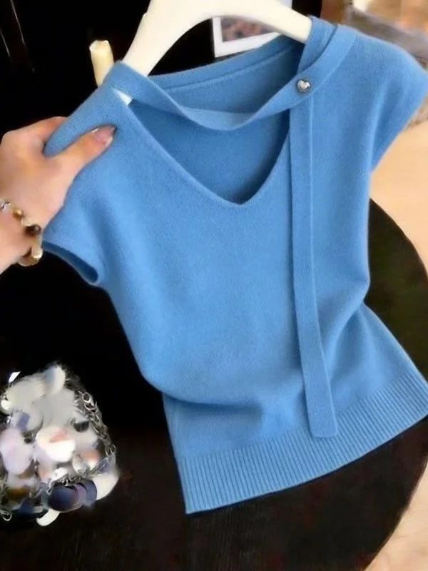 

Elegant V-Neck Blue T-Shirt Women's Slim Fit Knitted Top Summer Trendy Age-Defying Lightweight Breathable Casual Fashion