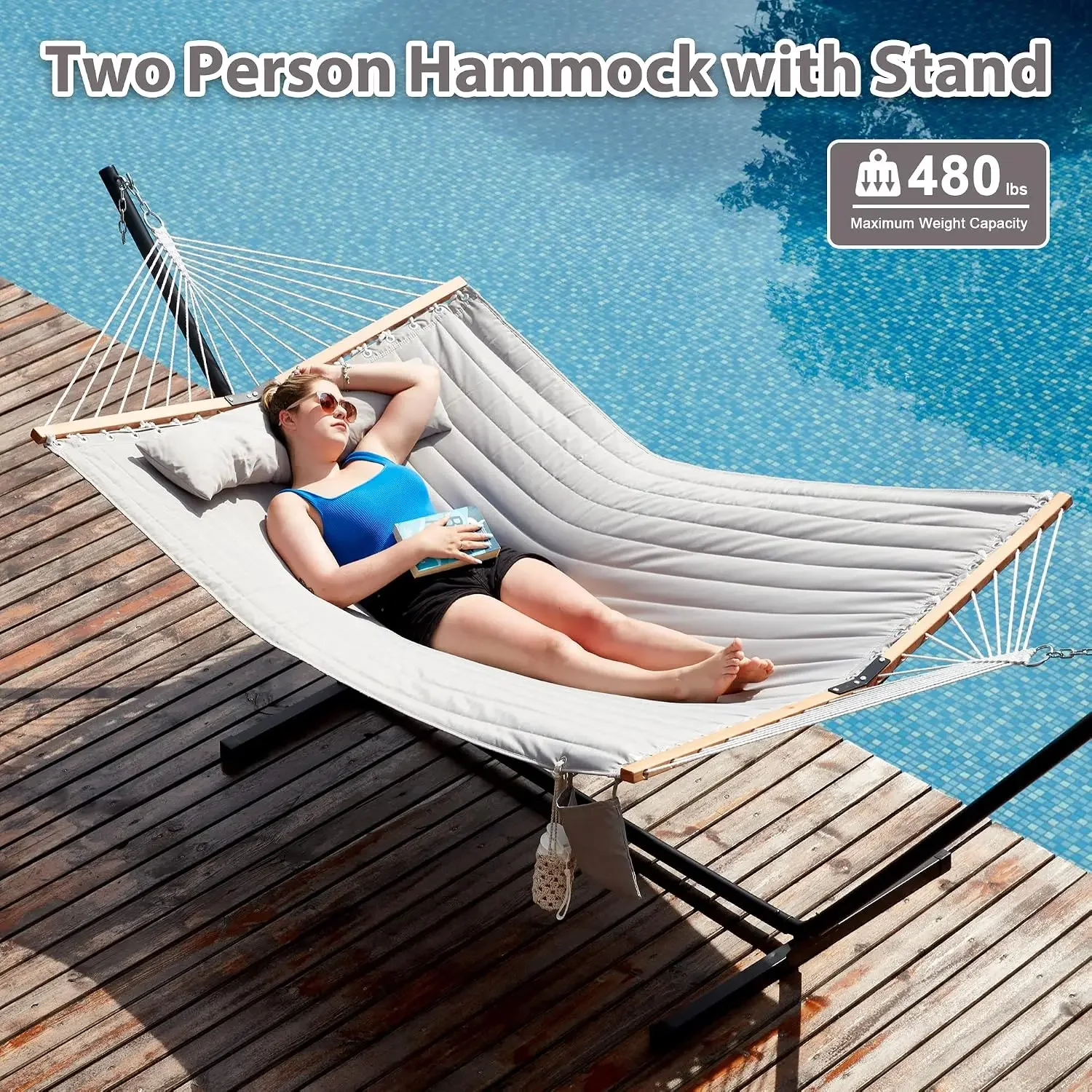 Two Person Hammock with Stand for Outside, Middle Grey | Heavy Duty Outdoor Patio Hammock with Portable Steel Stand, Large