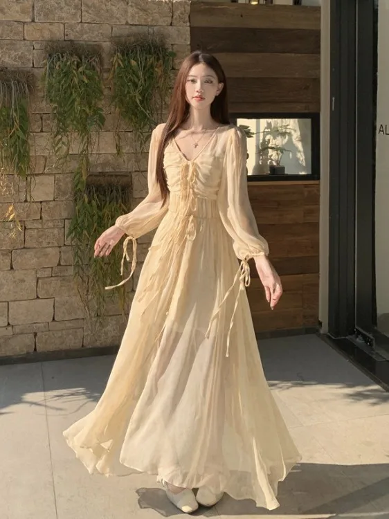 

plus Size Women's Gown with Bubble Sves And Waist-Cinching Neline Korean Sle Commute Wind High Waist Long Dr