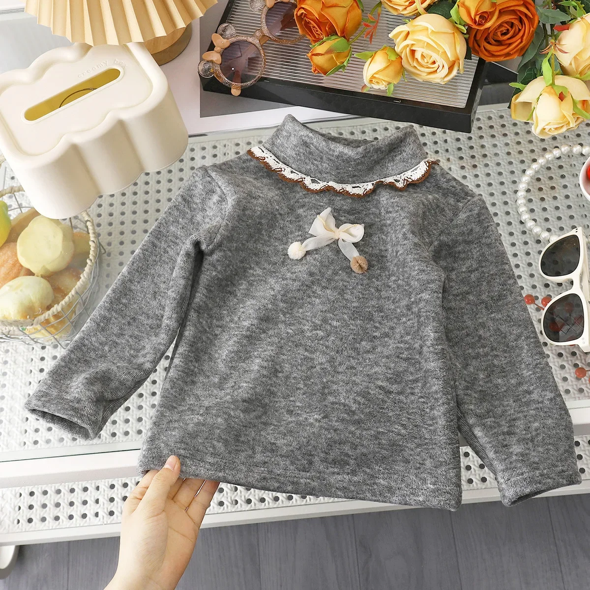 

Baby Boys Girls Casual Solid Bowknot Turtleneck T-shirt Tops Children's Long Sleeve Autumn Winter Warm Leisure T-shirts Clothing