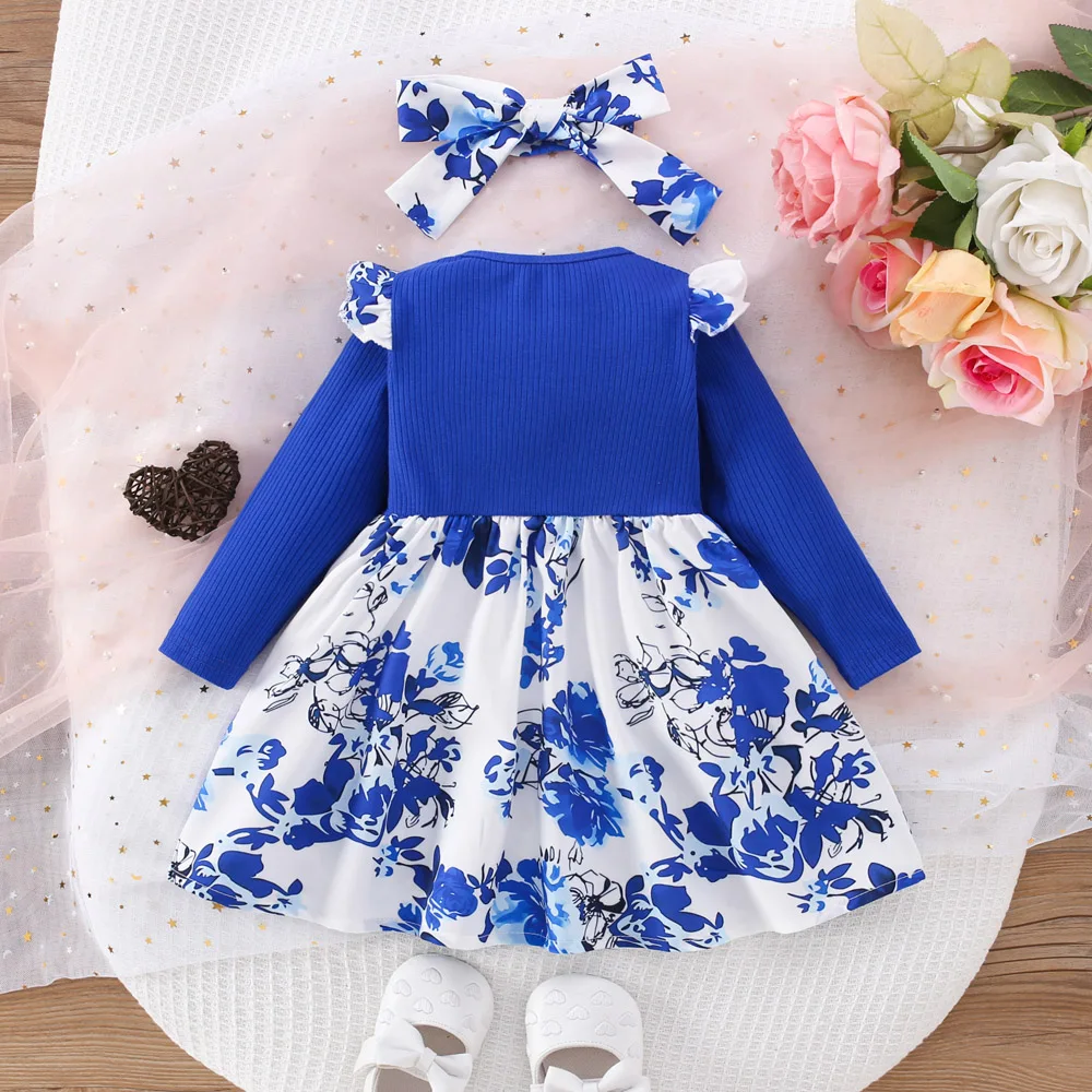 (6 Months -3 Years Old) Spring And Autumn New Blue Flower Baby Girl Dress, Chinese Retro Style Children'S Long Sleeve Clothes