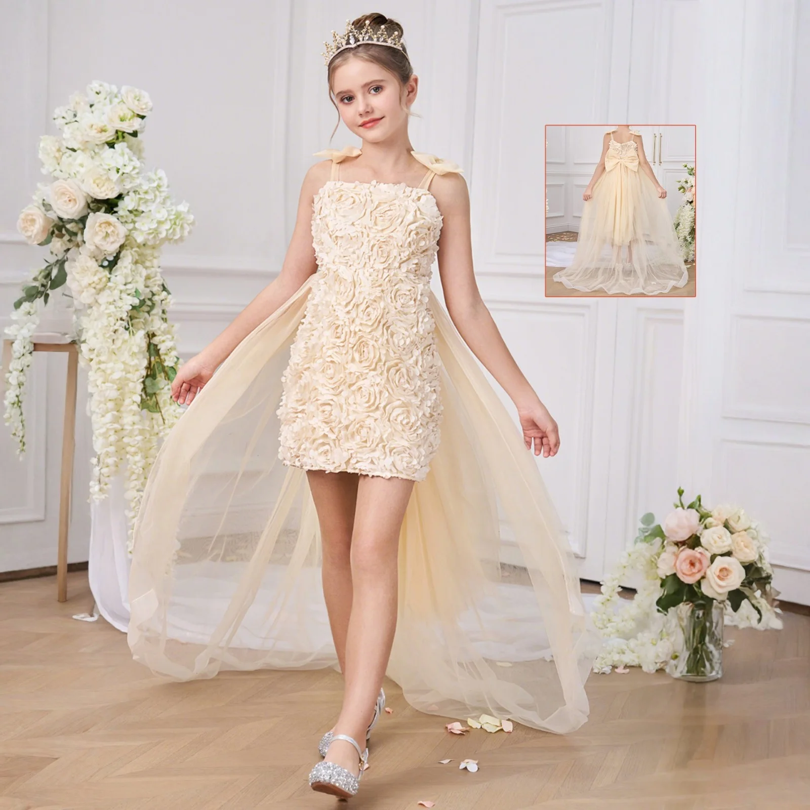

Elegant 3D Flower Bridesmaid Girls Dress Formal Tulle Trailing Wedding Princess Party Prom Dress Kids Bow Birthday Evening Gown
