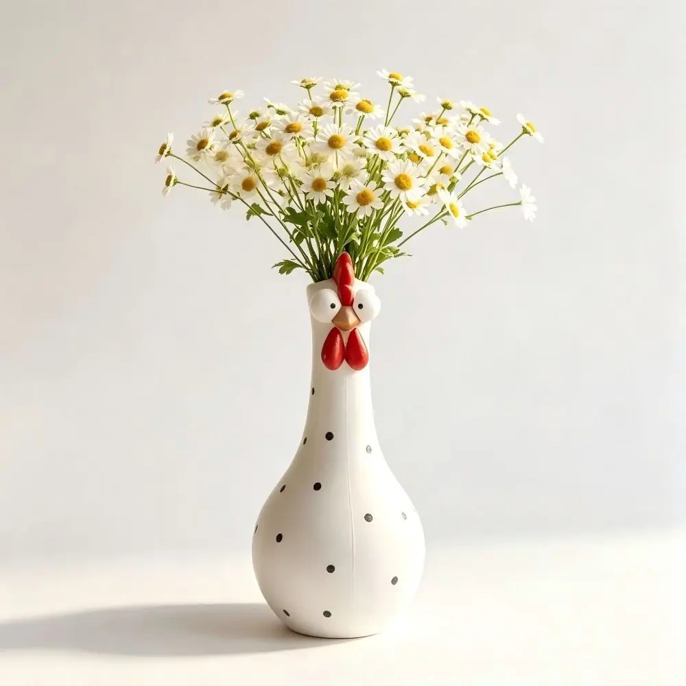 Resin Long Neck Chicken Vase Colorful Hand Painted Chicken Statue Vase Lightweight Cartoon Style Resin Decorative Vase