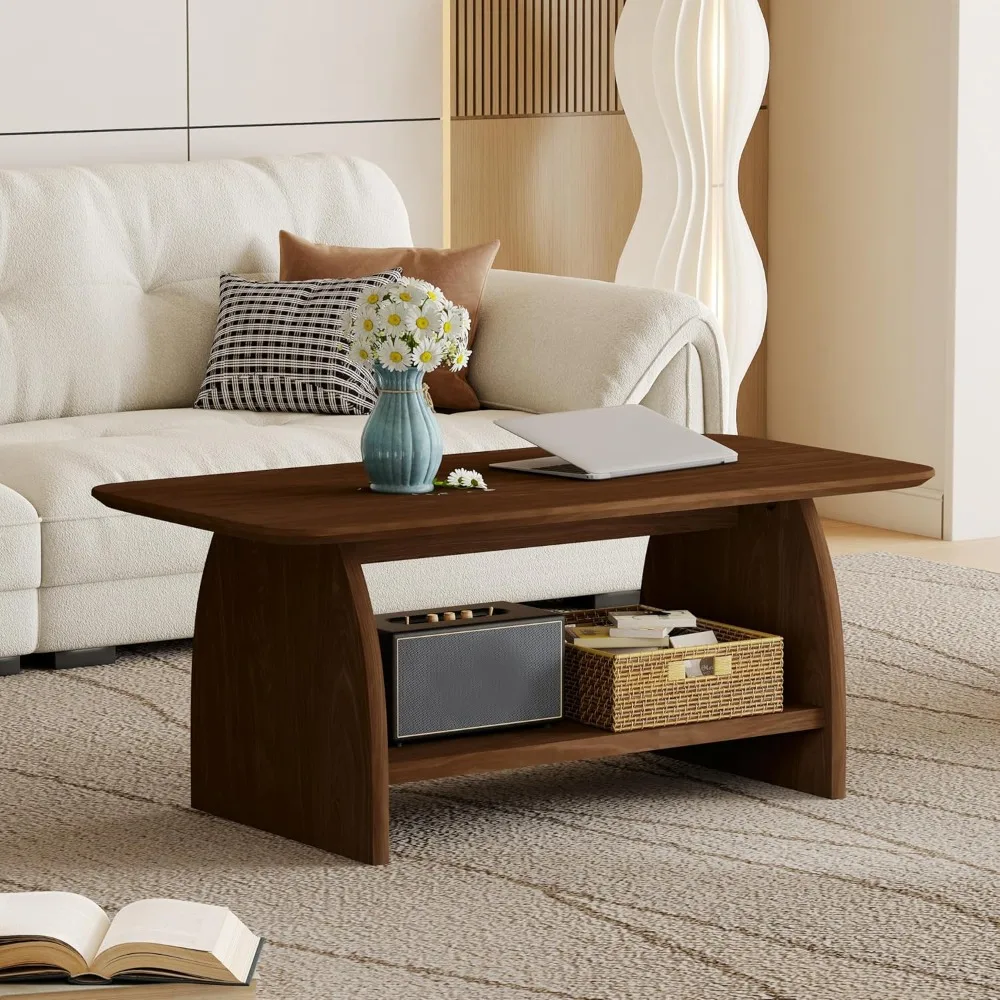 

Wooden Coffee Table, 47 Retangle Coffee Table for Living Room, Farmhouse Walnut Center Table with Smooth Edges and Storage Shelf