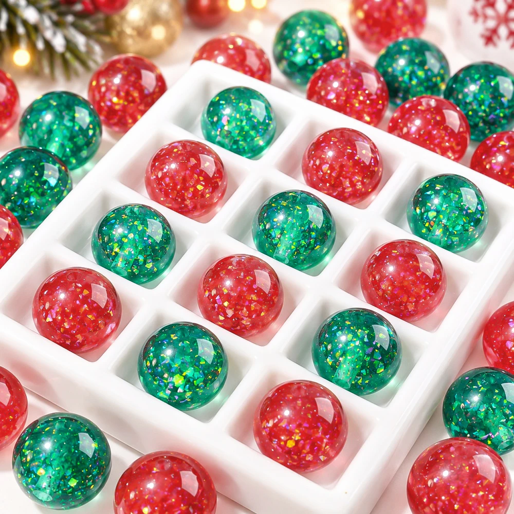 30Pcs 16mm Resin Candy Core Round Beads Christmas Red Green Sequin Filled Spacer Beads DIY Handmade Jewelry Craft Accessories