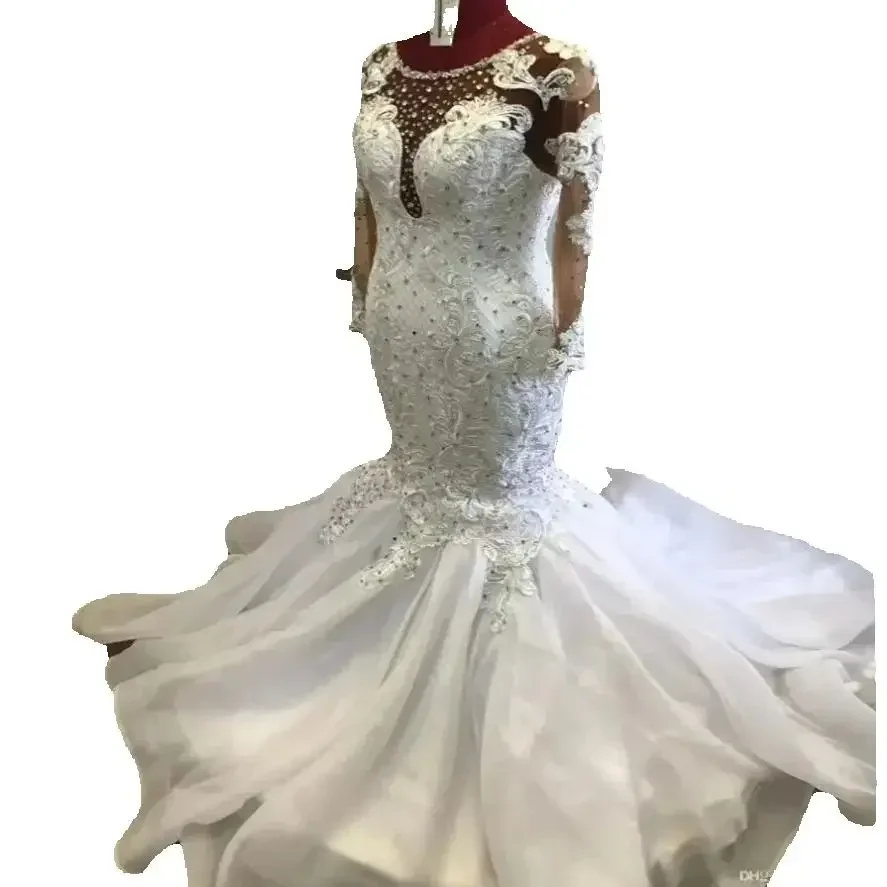 تخصيص مثير مطرز بلورات مغرفة العنق حورية البحر فساتين الزفاف الدانتيل يزين خمر كم طويل أثواب الزفاف