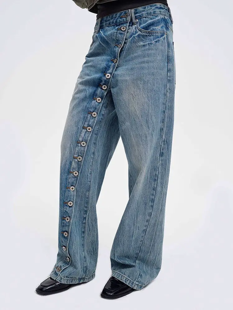 2026 American Retro Plus Size Distressed Washed Diagonal Button Jeans Children Spicy Design Casual Floor Pants