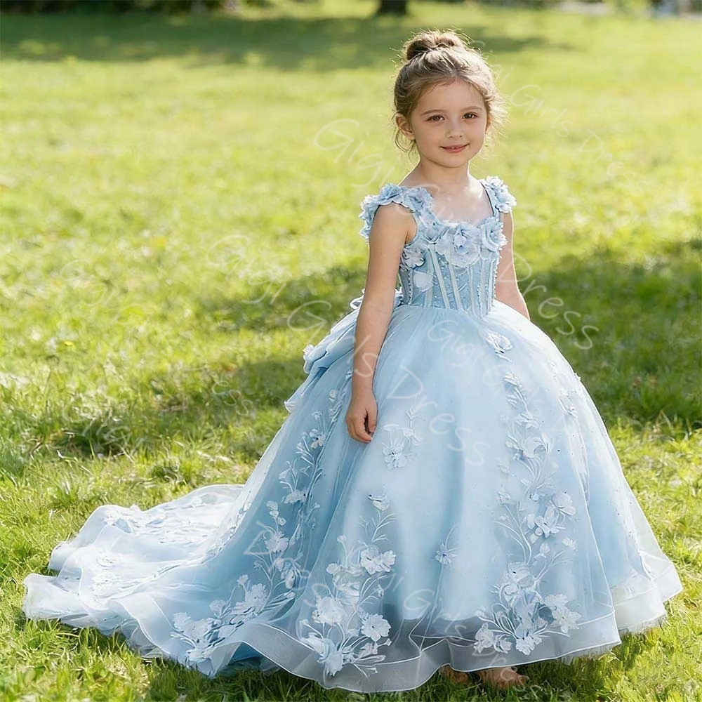 Customized Flower Girl Dress for Wedding Party Kids Straps 3D Appliques Ruffled Tulle Pageant Dress with Bow Children's Clothing