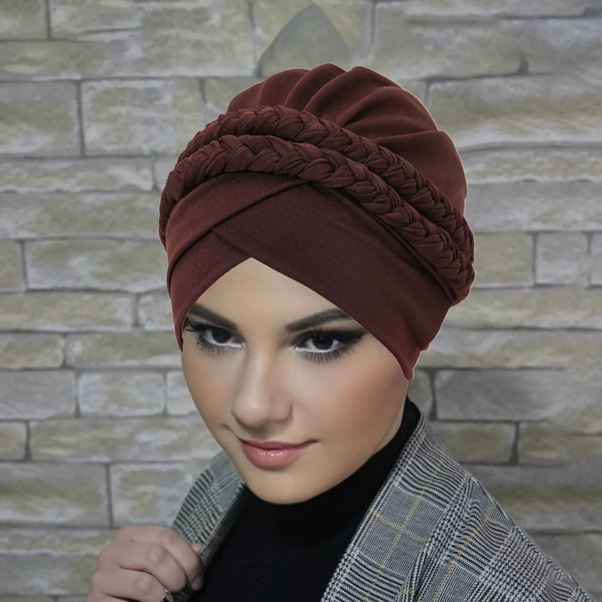 

6pcs Solid Color Double Braids Turban Caps Women Rippled Muslim Headwear Braid Hat Islam Female Head Wrap Bonnet Turbante Mujer