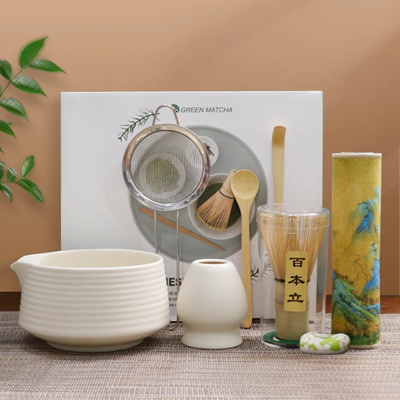 

2025 Hot 8PCS Premium Matcha Tea Set Japanese Ceremonial Ceramic Bowl Whisk Gift Set Box Starter Kit Sustainable Eco-friendly