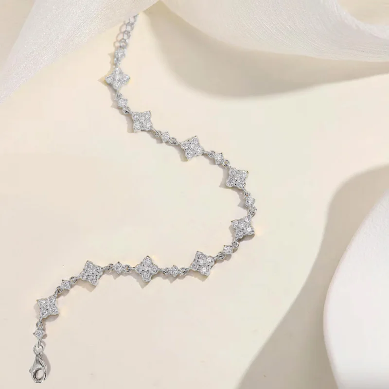 Rrjzz Round D-Color 3mm 2.5mm 2mm Full Moissanite Clover Lucky Bracelet Four Leaf Flower Beaded Bracelet for Women Jewelry Gifts - view 4