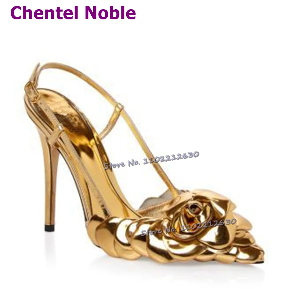 Gold Flower Sandals Pointy Toe Back Strap Slingbacks Thin High Heels Solid Stilettos Summer Fashion Luxury Women Shoes 2023 New