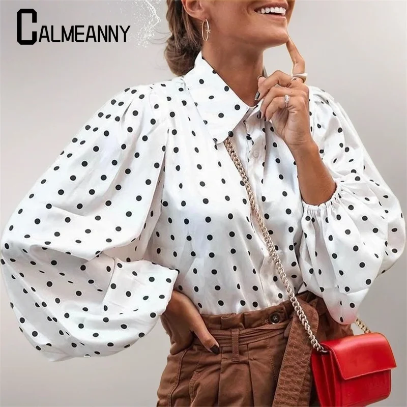 Women Polka Dot Shirts 2024 Summer Lantern Sleeve OL Blouses Casual Loose Versatile Commuting Elegant Chic Streetwear Tops Tunic