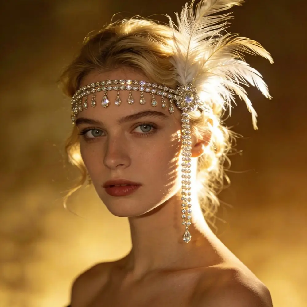 Vintage Gatsby-Style Feather Headband Fascinator Crystal Cosplay Dress Headwear Sequin Makeup Party Masquerade Hair Band Women