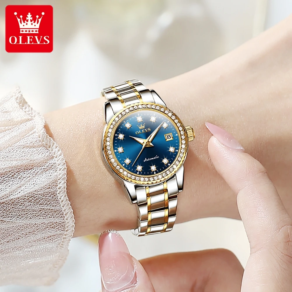 OLEVS Brand Luxury Diamond Dial Mechanical Watch for Women Stainless Steel Strap Waterproof Luminous Date Fashion Women Watches