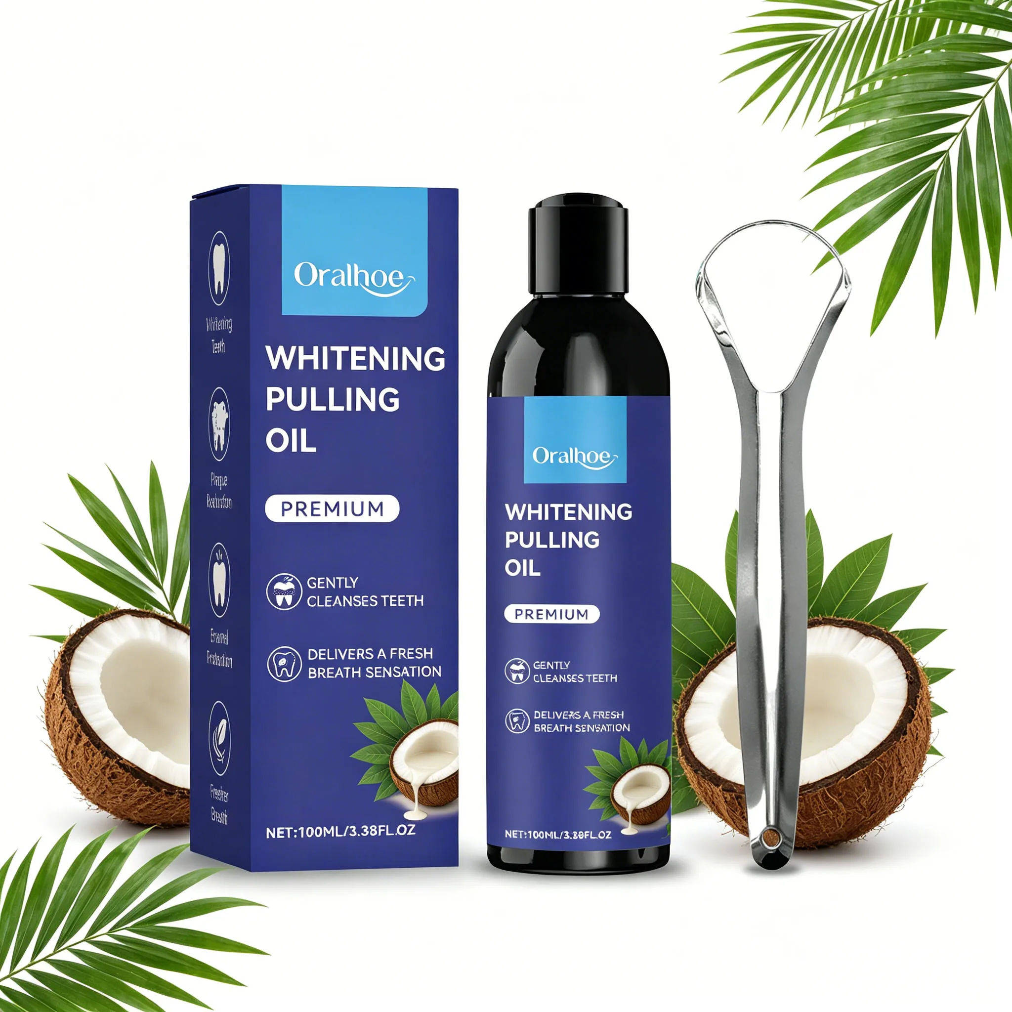 Coconut Minty Oil Pulling Mouthwash Alcohol-Free Refreshing Non-spicy Reduce Oral Stickiness Freshens Breath with Tongue Scraper