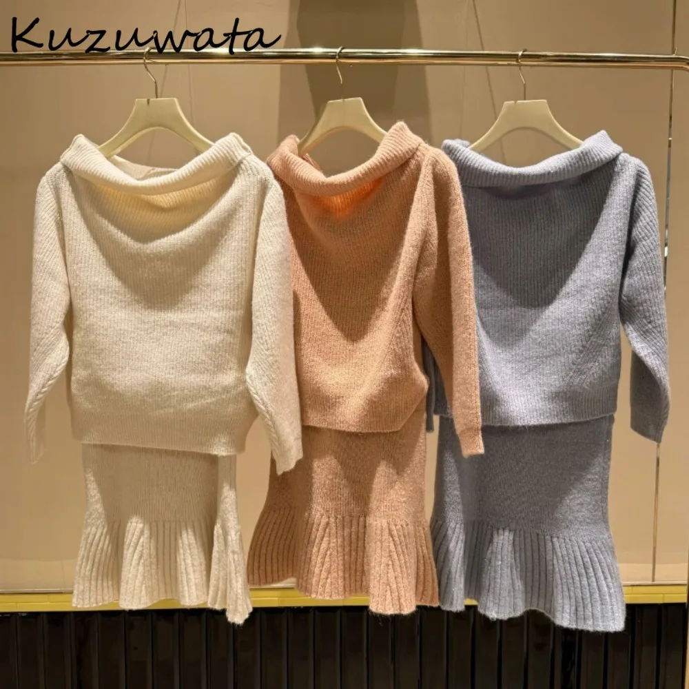 Kuzuwata Playful Sweet Elegant Slash Neck Off Shoulder Set Sweaters High Waist Mermaid Bodycon Skirt Japan Knit Slim Suit Dress