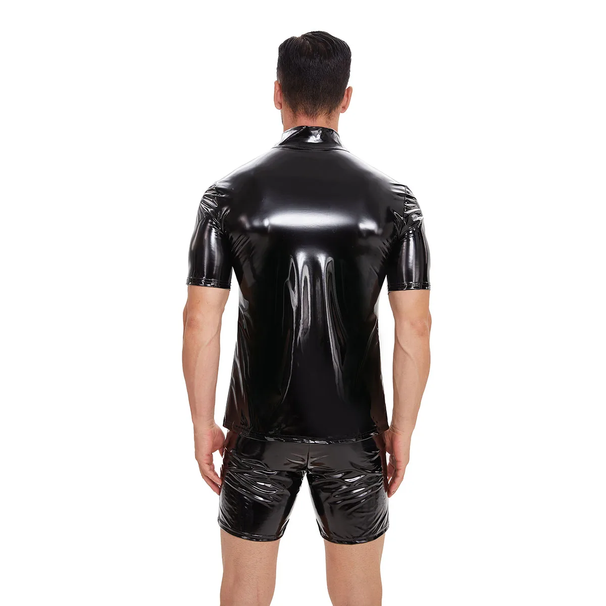 Shiny Leather Shirt For Men Short Sleeve Full Zippper Glossy PVC Leather Tops Plus Size Wetlook Latex Shaping Casual Shirt Sexi