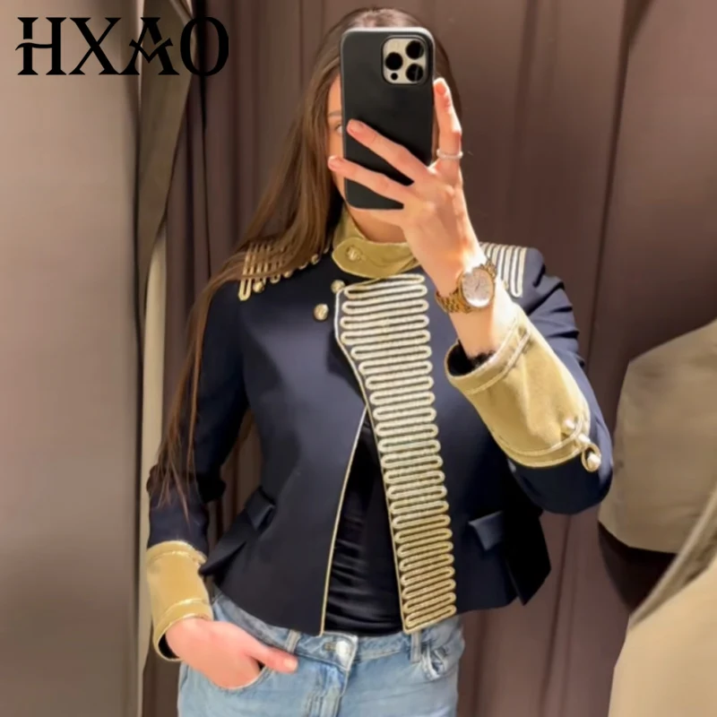 

HXAO Women's Crop Military Jacket Demi-Season 2026 Fashion Velvet Neck Slim Bowknot Button Long Sleeve Tops Streetwear Outerwear