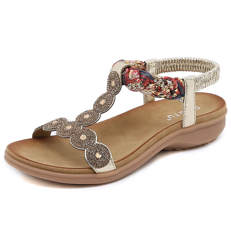 SIKETU Women Sandals Rhinestone Round Toe Elastic Band PU Water Diamond  Round Head Seaside Vacation Bohemian Champagne Color