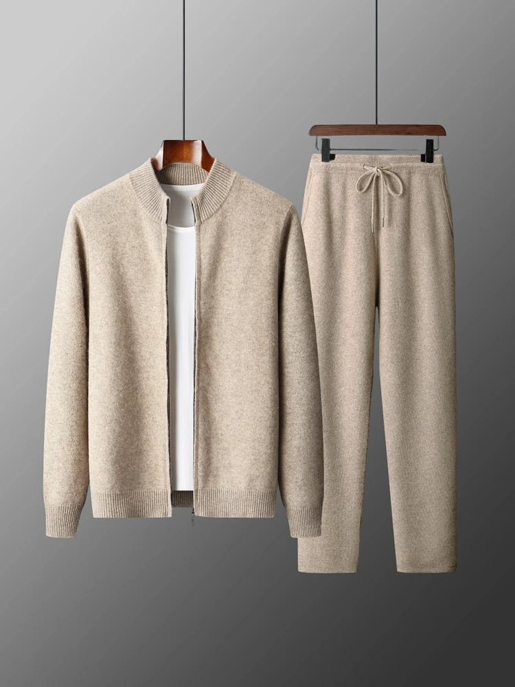 Men's 100% Merino Wool Two-piece Suit Autumn Winter Knitting Zipper Cardigan and Straight-leg Pants Warm Thickened Clothing Sets