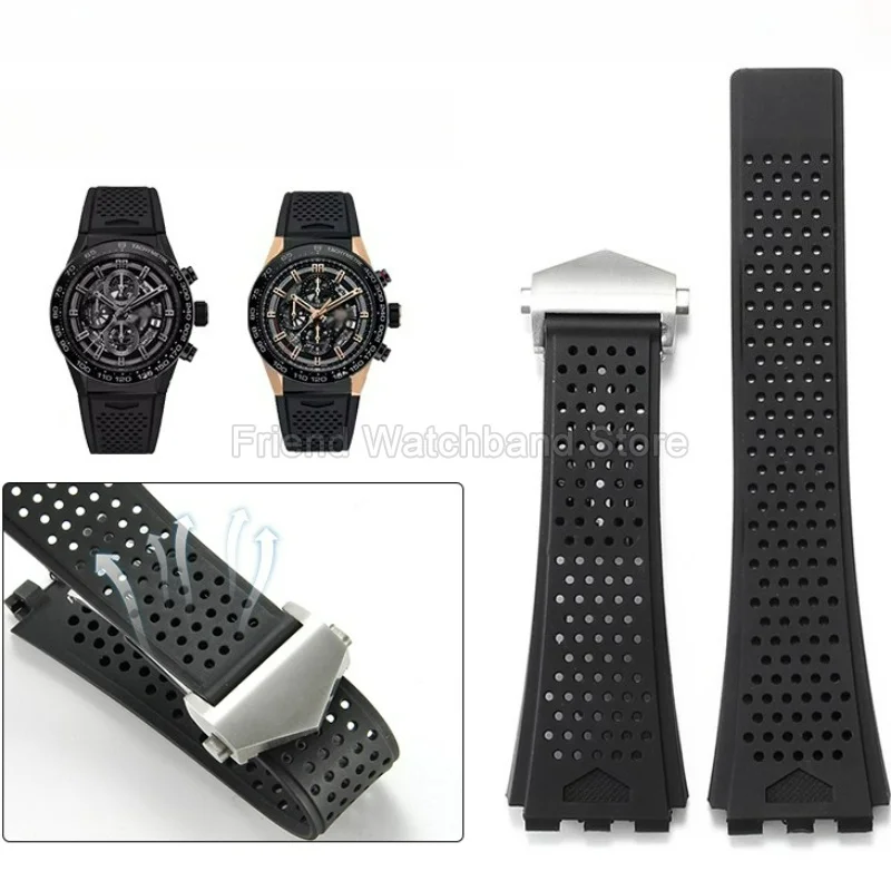 Black 22x28mm Watchband Liquid Silicone Material for TAG Heuer‑01 FT6071 FT6044 FC6400 Dense Honeycomb Perforated Design