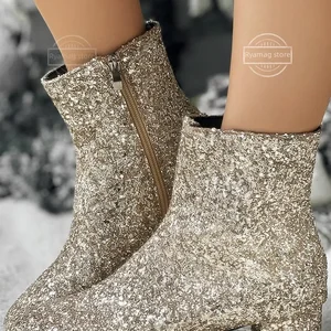 Christmas boots zipper for women, chunky heel ankle boot, sequins round toe, chunky heels, party shoes 8 Main sales boot brightness - №5