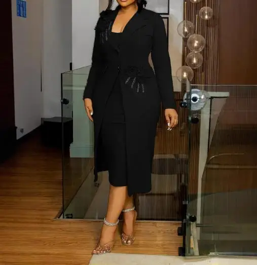 

2025 Elegant Slim Fit Floral Decal Decoration Long Suit Jacket and Sleeveless Camisole Dress Set Autumn Women's Elegant Set