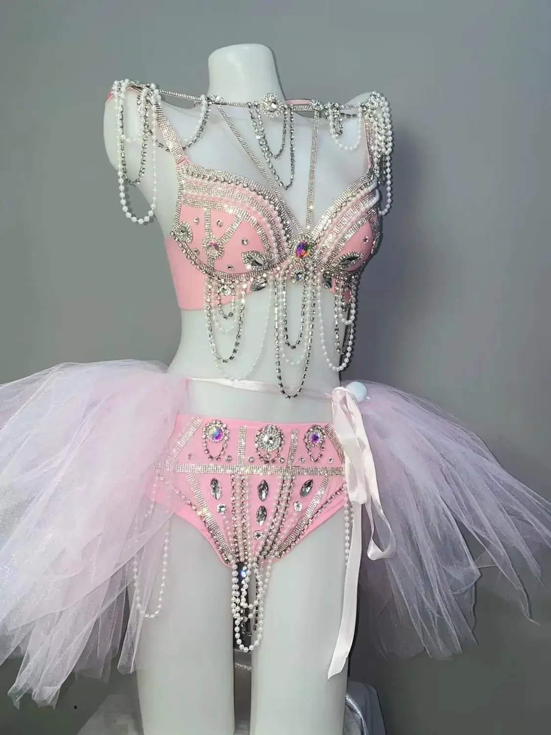 Ensemble de Bikini avec Perles Roses et Strass pour Femme, Tenue Sexy de Spectacle, DJ, Pole Dance, Cadeau