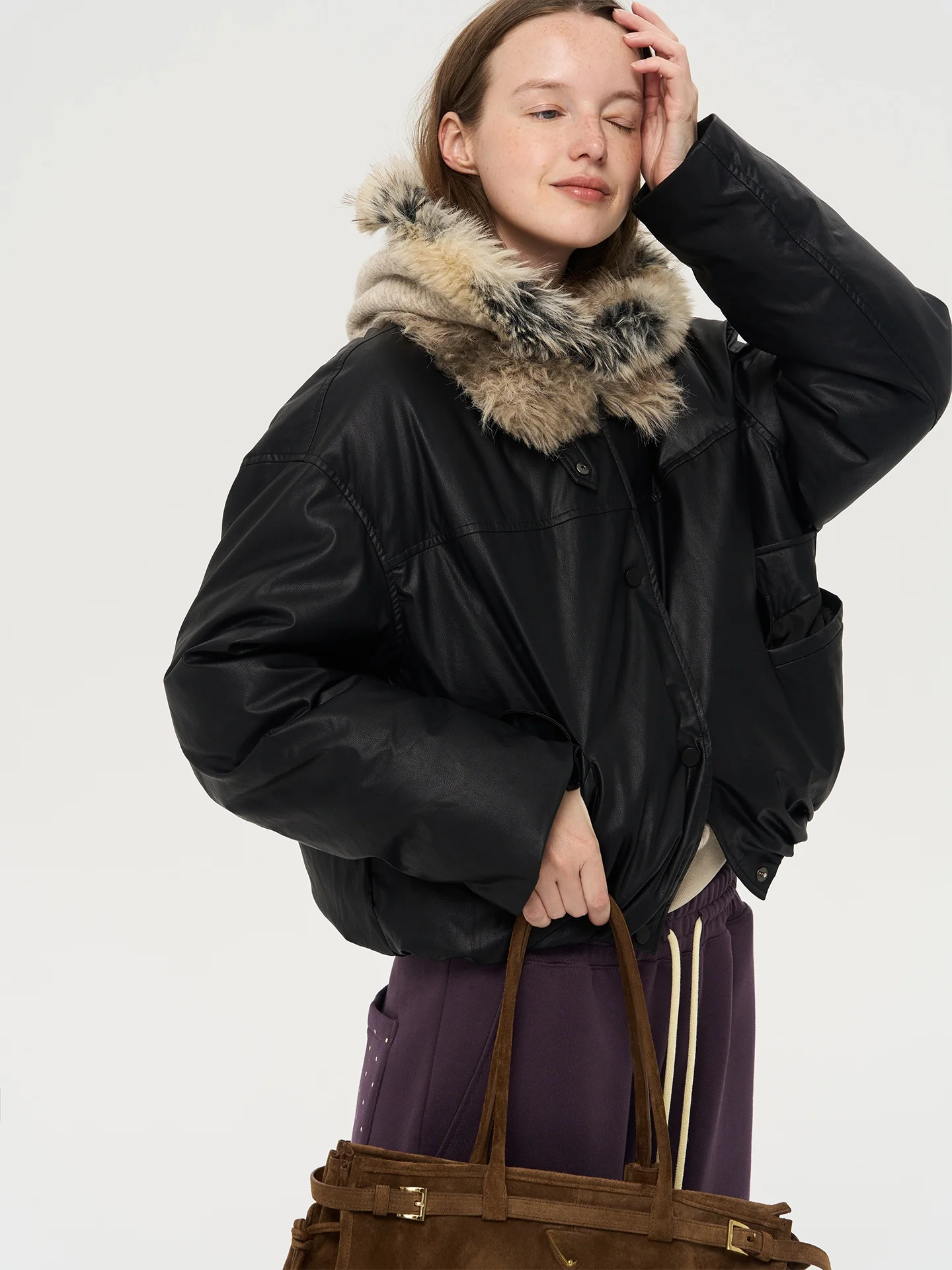 Warm Fur Collar Eco-friendly Leather Jaet Vintage ort Coat for Youth Daily Wear Thiened Long Sve Chinese Production