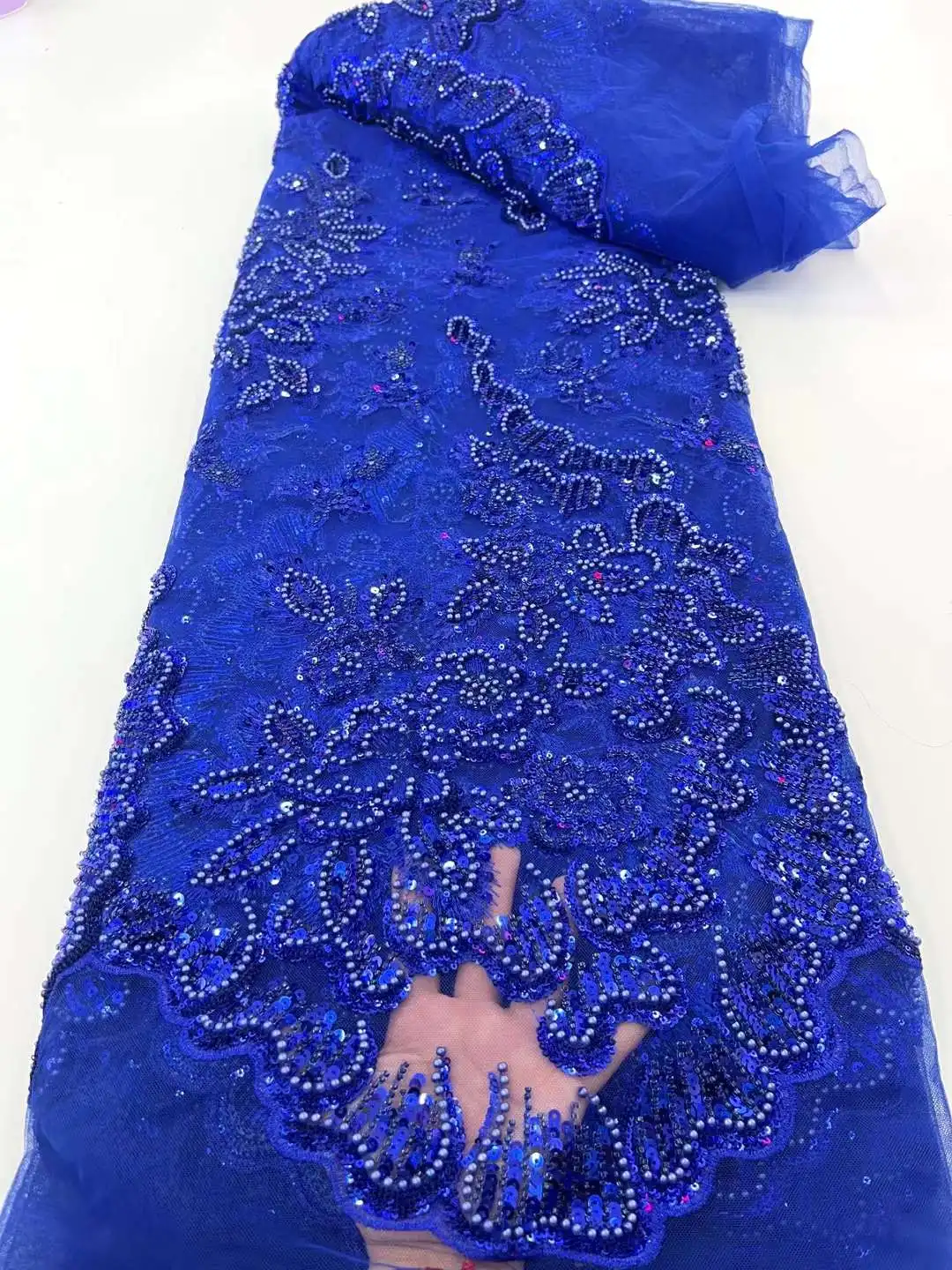 Royal Blue Color New Arrival  Embroidered Lace Fabric 21JRB-72805 with Big Flowers Beads for Bridal Dress or Party Show Dress