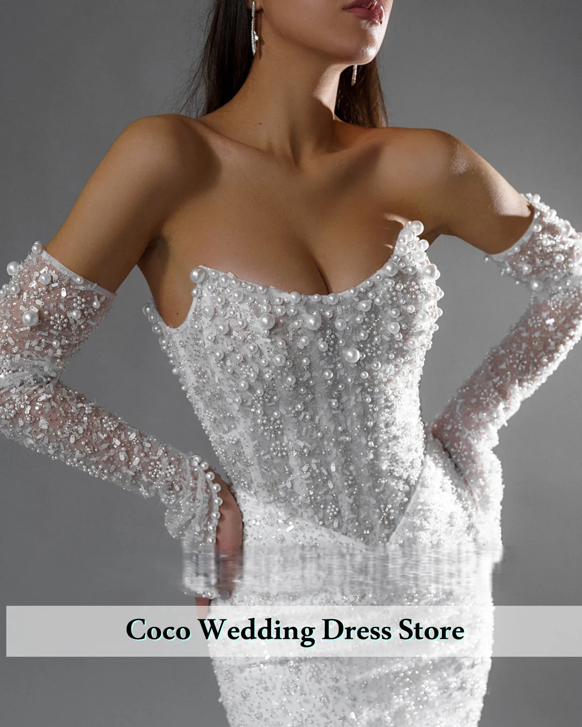 تخصيص رائعة حورية البحر انفصال كم طويل الحبيب الرقبة الدانتيل لامعة الخرز اللؤلؤ الترتر فستان الزفاف