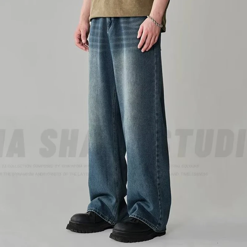 Four Season Men Korean Versatile Casual Jeans Male High Street Loose Straight Leg Trousers Trend Black Grey Blue Denim Pants