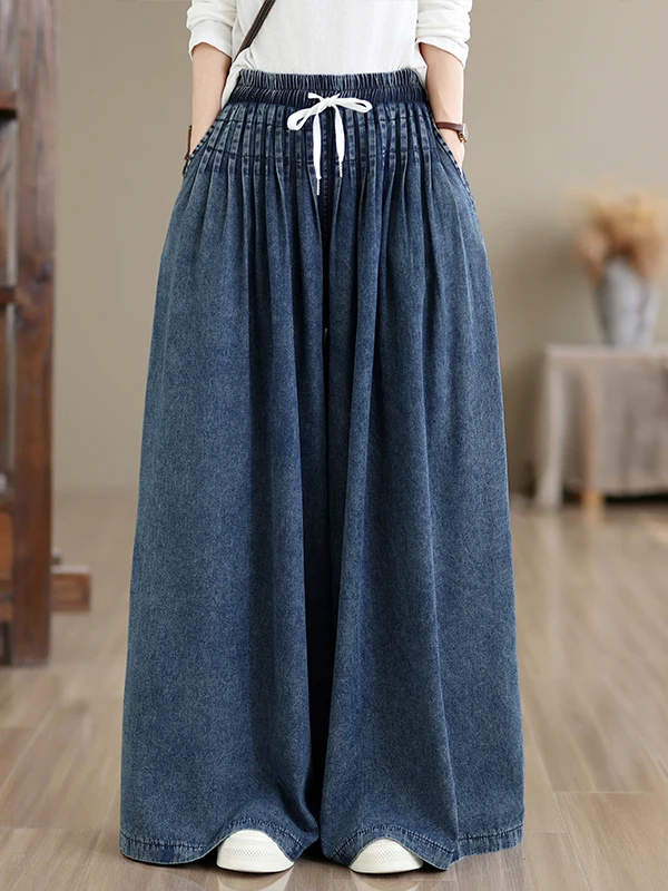 Authentic Summer Autumn Wide Leg Pants Elastic Waist Draped Casual Vintage Washed Denim Skirt Pants for Women Cotton Blend