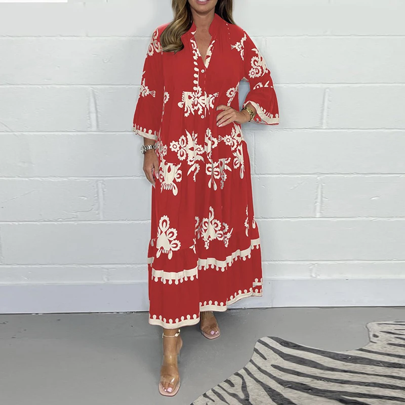 Vestidos Women\'s Printed Loose Ethnic Retro Dress Spring V Neck Button A-Line Long Dress Summer 3/4 Sleeve Bohemian Maxi Dresses