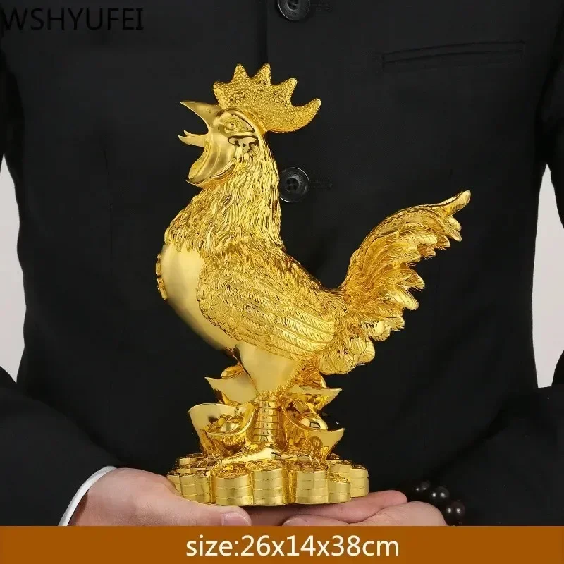 WSHYUFEI decoración de pollo dorado chapado en oro estatua de resina de gallo de la suerte sala de estar TV gabinete figuritas decoraciones chinas