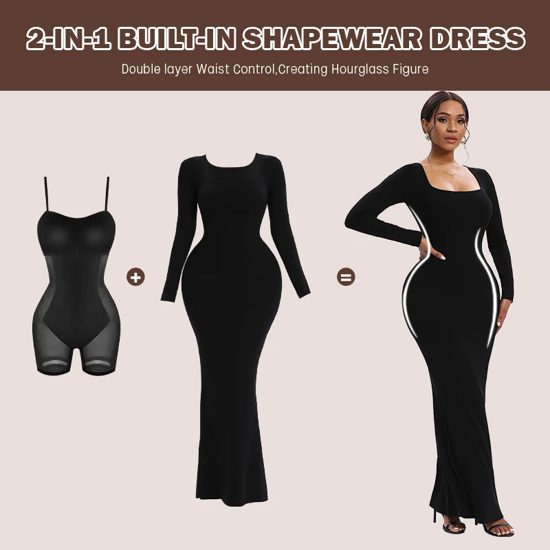 Women Long Sleeve Maxi Shapewear Slips Dress Slimming Waist Hip Enhancer Body Shaper With Built In Bra