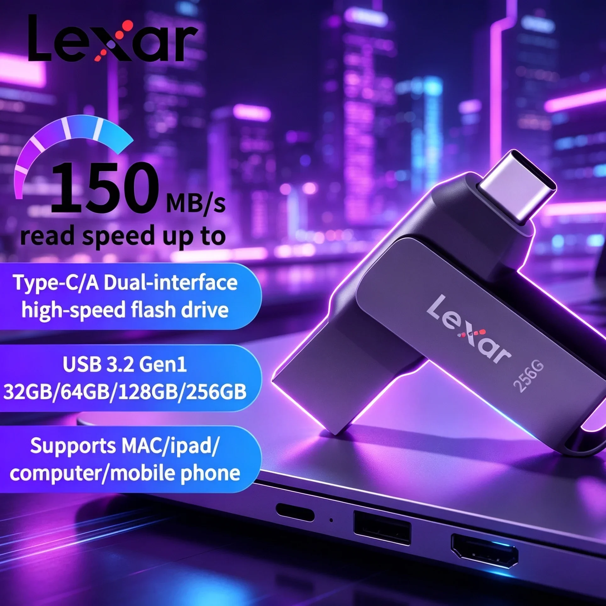 Lexar D400 USB 3.1 Type-C Flash Drive 130MB/s Metal Dual Port OTG USB Stick for Android Phone Computer PC 32GB 64GB 128GB 256GB