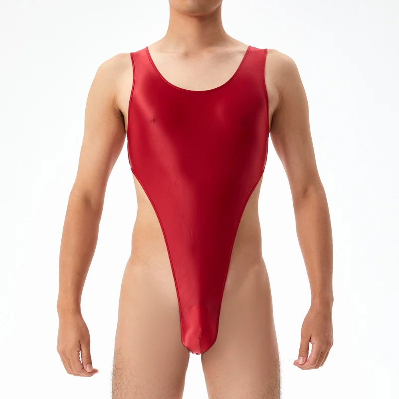 Mens Sexy Bodysuit Oil Glossy Silky Swimsuit Perspective T Crotch Tights High Elastic Large Size Seamless High Fork Swimwear