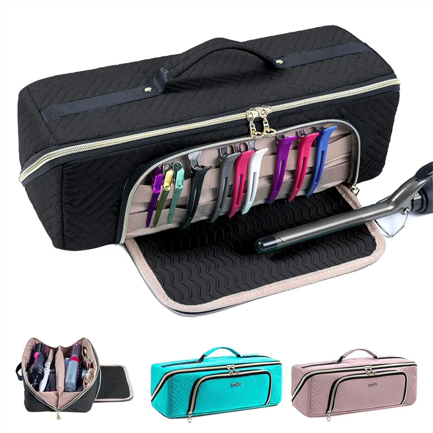 

Large Hair Tools Travel Bag with Heat Resistant Iron Mat, 2-in-1 Organizer for Hair Dryer, Flat Irons, Curling Irons, Cosmetic
