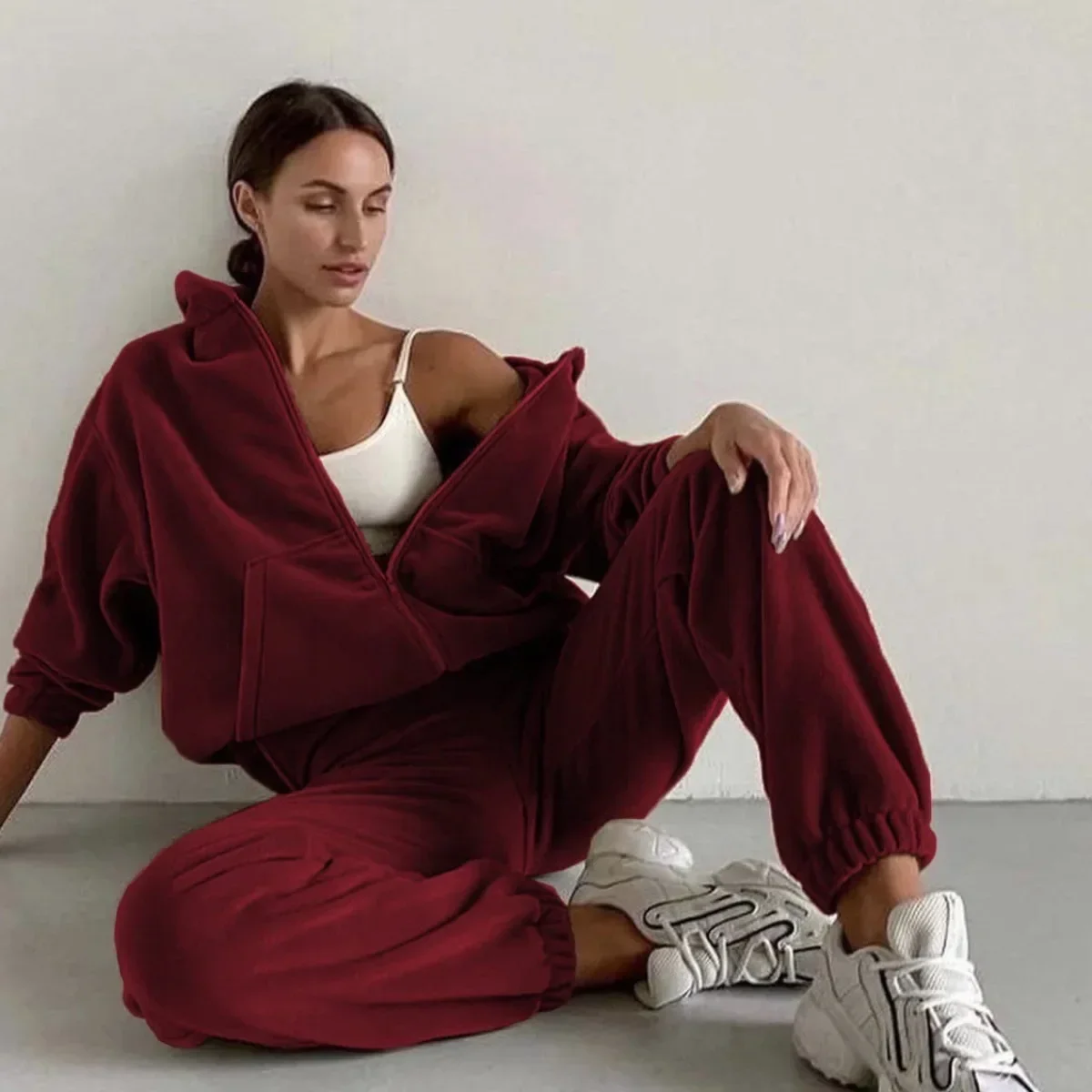 Women Tracksuit Hoodies Zipper Coats Matching Sets Autumn Winter Two Piece Sets Full Sleeve Casual Straight Long Pants Set