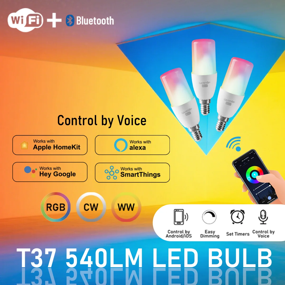 1-10PCS T37 E14 Smart Wifi Led Bulb Light 6W RGB CW WW Candle Lamp Works with Alexa Amazon Google Home Yandex Alice Smartthings