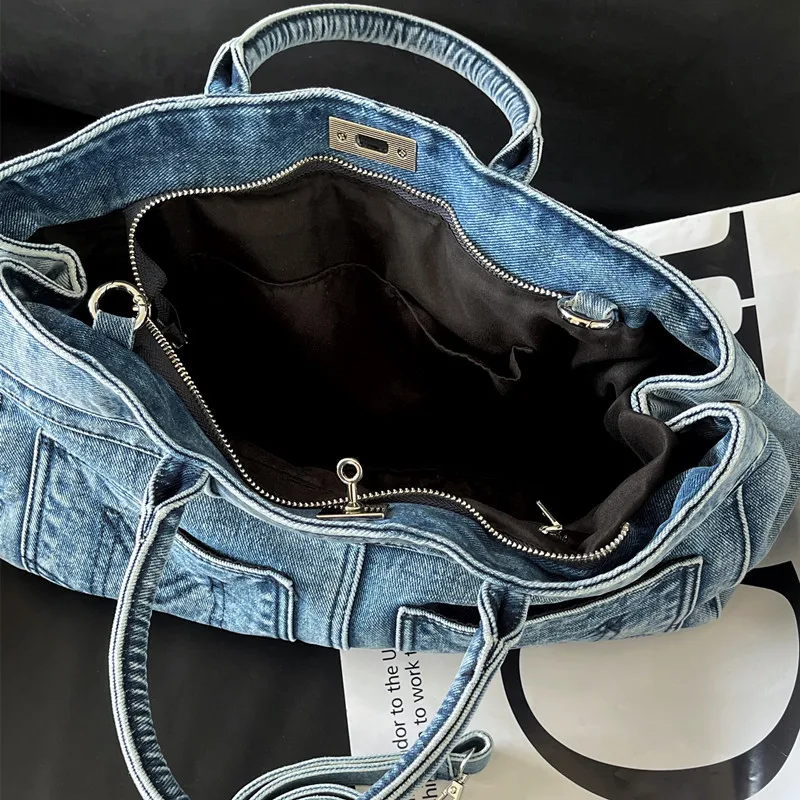 Vintage Denim Tote Bags For Women Luxury Designer Handbag Purses 2024 New In Large Capacity Simple Commuting Shoulder Crossbody