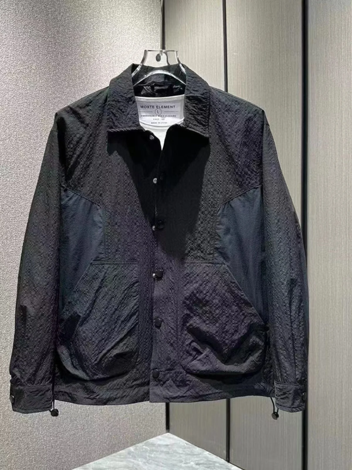 

Flip-Collar Men's Jaet Spring Summer New Korean Sle Simple Color Blo Bubble Cloth Faion Casual Outerwear